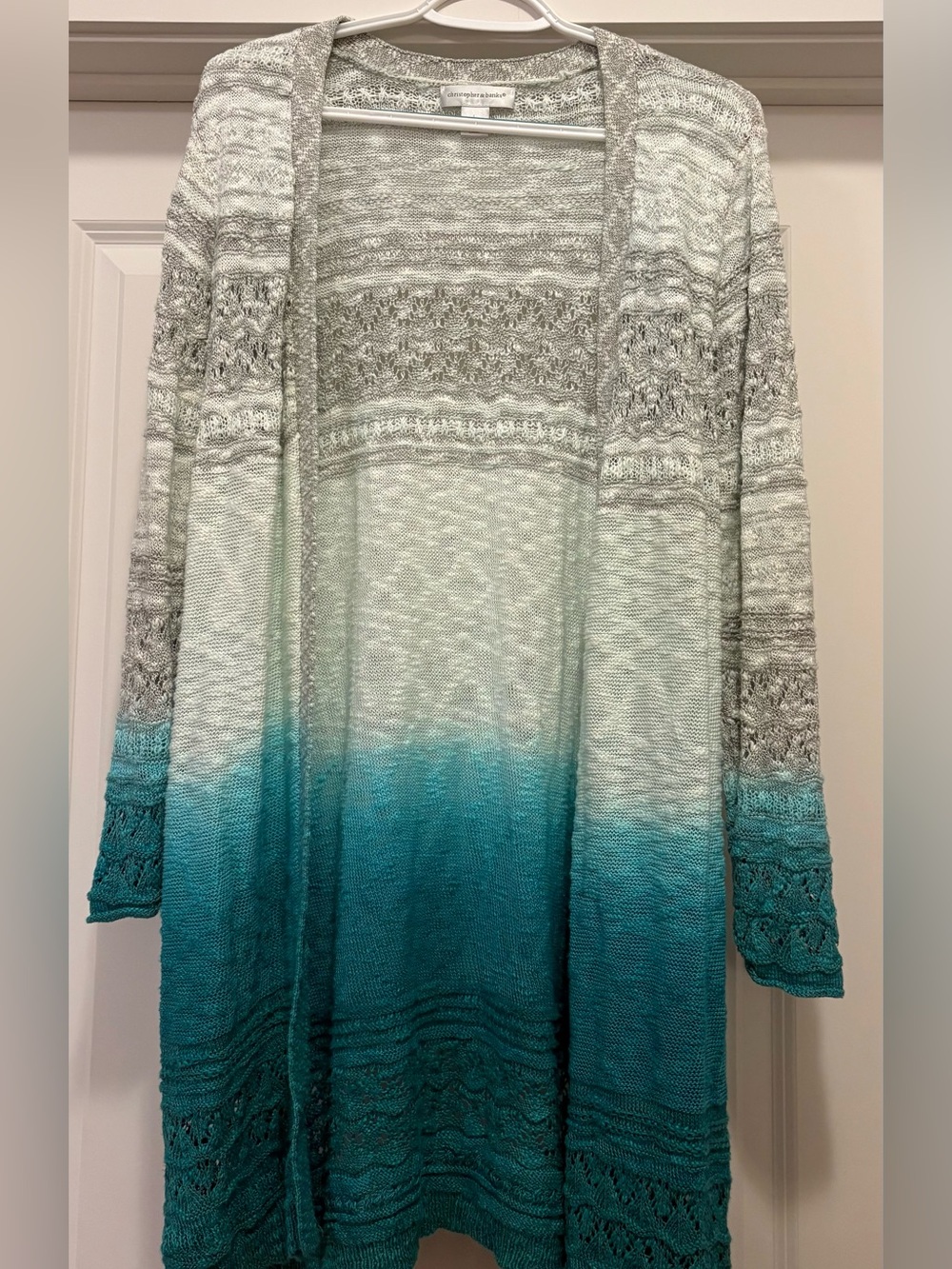 Christopher & Banks Open Front Gradient Knit Cardigan Gray Teal Size L Large